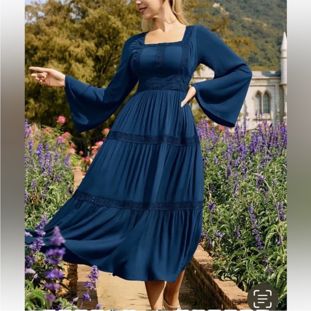 Square-Neck Navy Midi Dress with Bell Sleeves